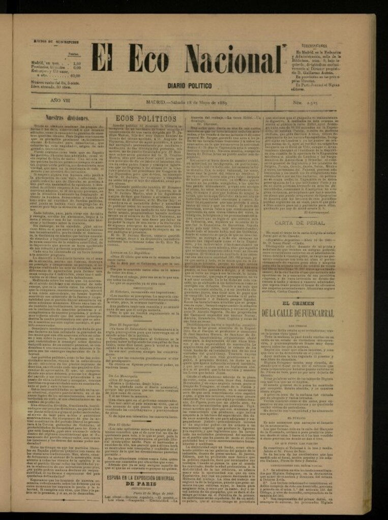 Miniatura de El Eco Nacional de 18 de mayo de 1889, nº 2525