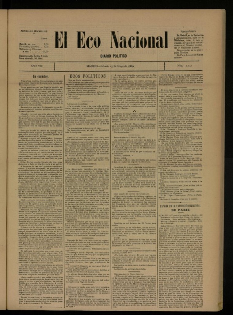 Miniatura de El Eco Nacional de 25 de mayo de 1889, nº 2531