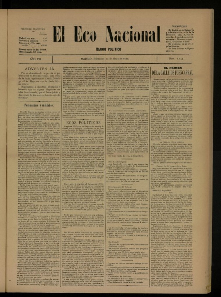 Miniatura de El Eco Nacional de 29 de mayo de 1889, nº 2533