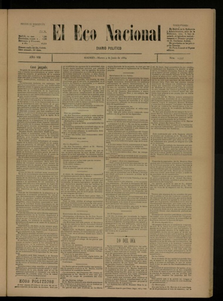 Miniatura de El Eco Nacional de 4 de junio de 1889, nº 2537