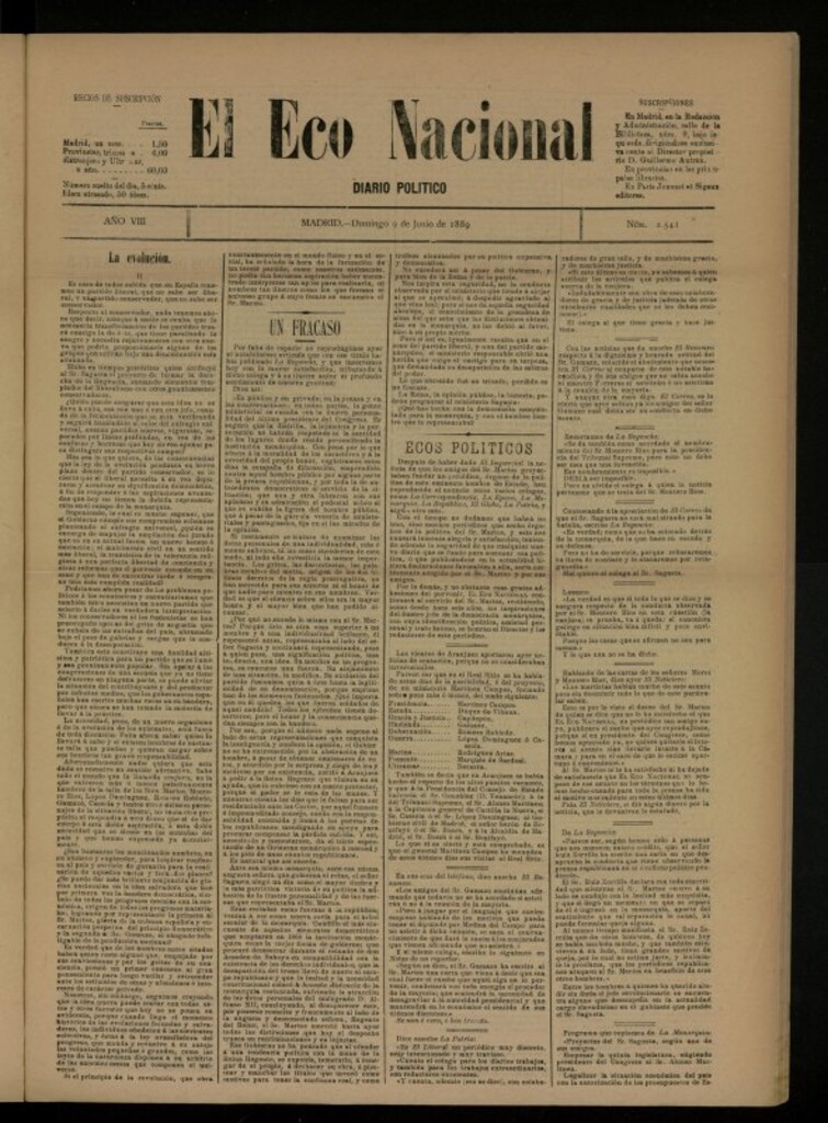 Miniatura de El Eco Nacional de 9 de junio de 1889, nº 2541
