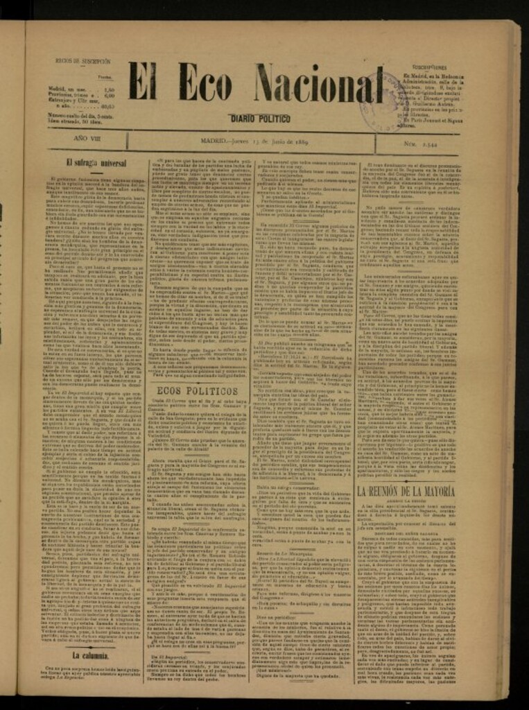 Miniatura de El Eco Nacional de 13 de junio de 1889, nº 2544
