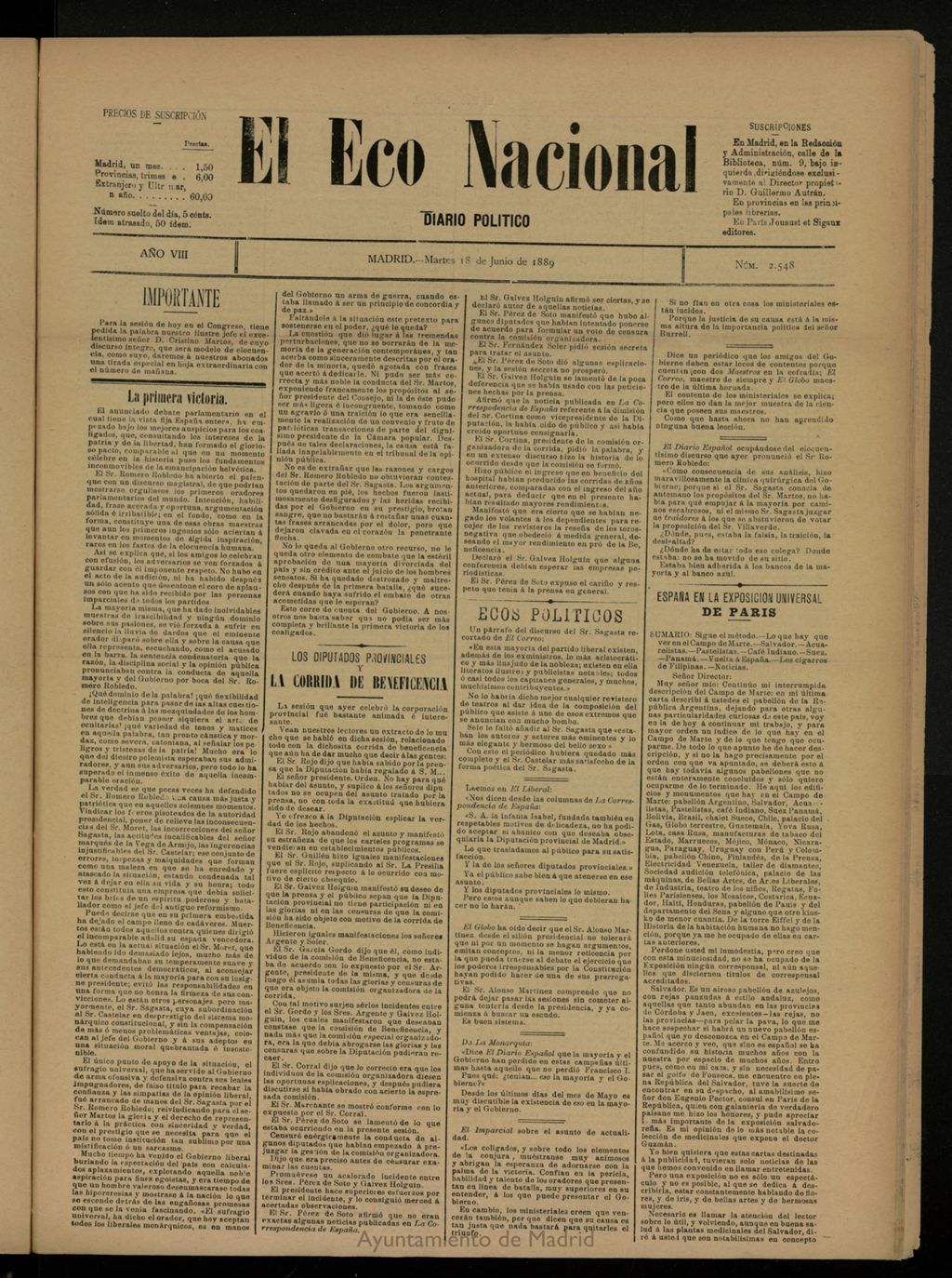 Miniatura de El Eco Nacional de 18 de junio de 1889, nº 2548