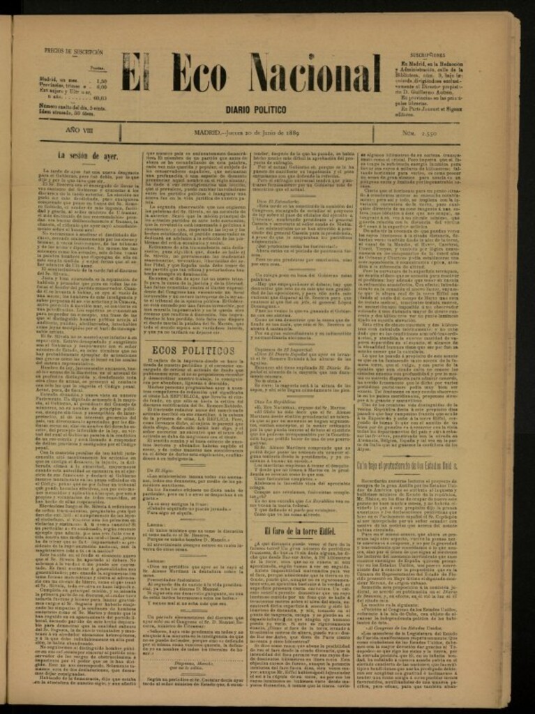 Miniatura de El Eco Nacional de 20 de junio de 1889, nº 2550