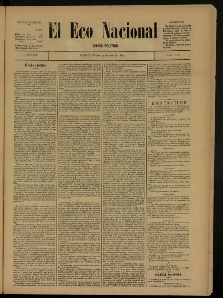 Miniatura de El Eco Nacional de 25 de junio de 1889, nº 2553