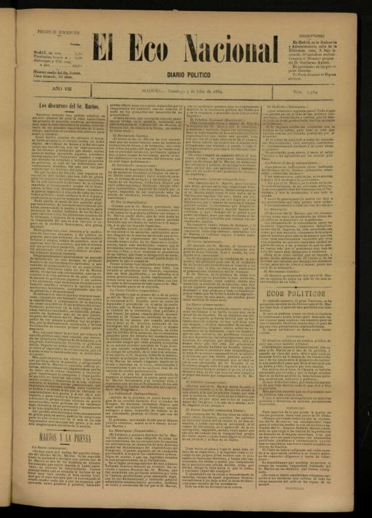 Miniatura de El Eco Nacional de 7 de julio de 1889, nº 2564 [sic]