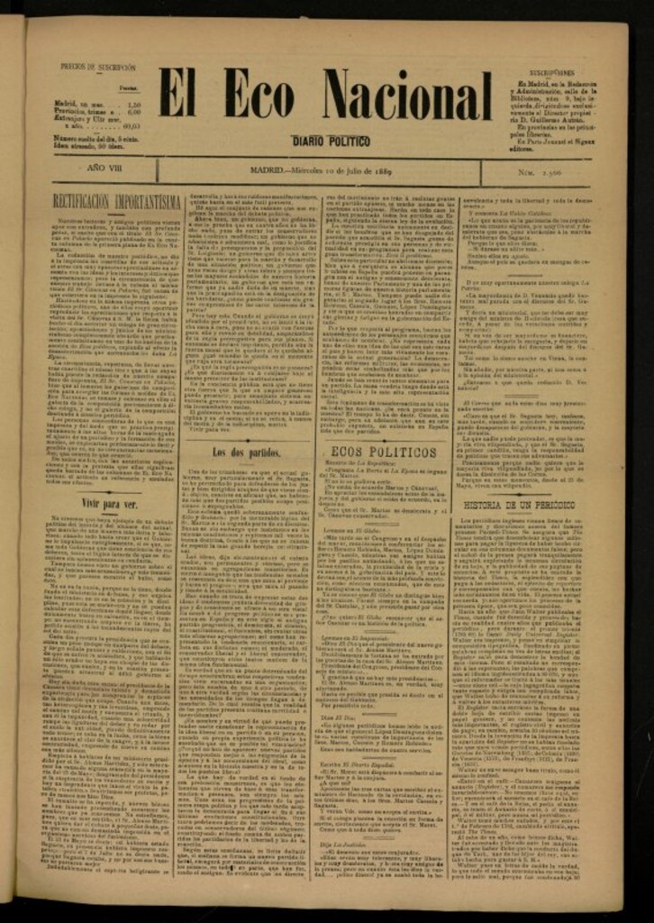 Miniatura de El Eco Nacional de 10 de julio de 1889, nº 2566