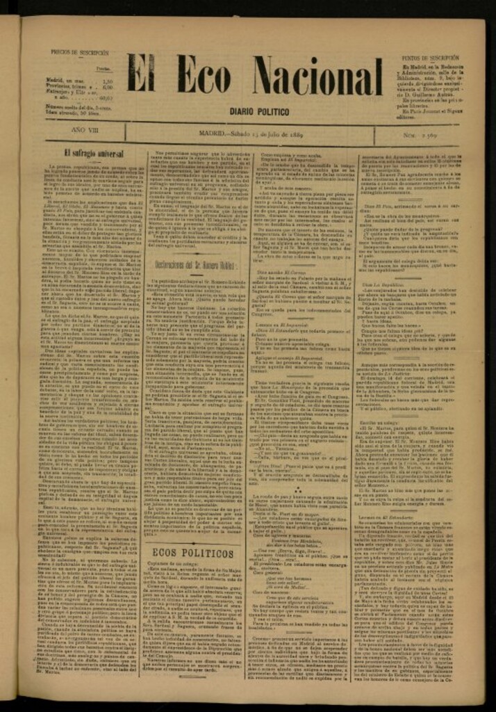 Miniatura de El Eco Nacional de 13 de julio de 1889, nº 2569