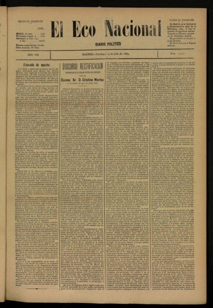 Miniatura de El Eco Nacional de 14 de julio de 1889, nº 2570