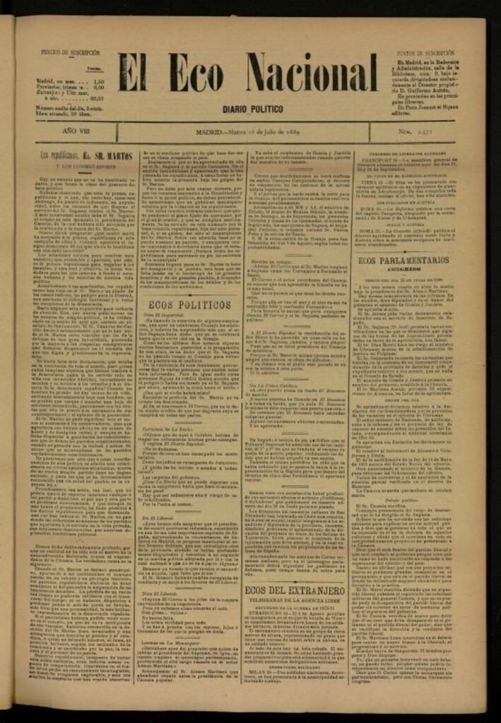 Miniatura de El Eco Nacional de 16 de julio de 1889, nº 2571