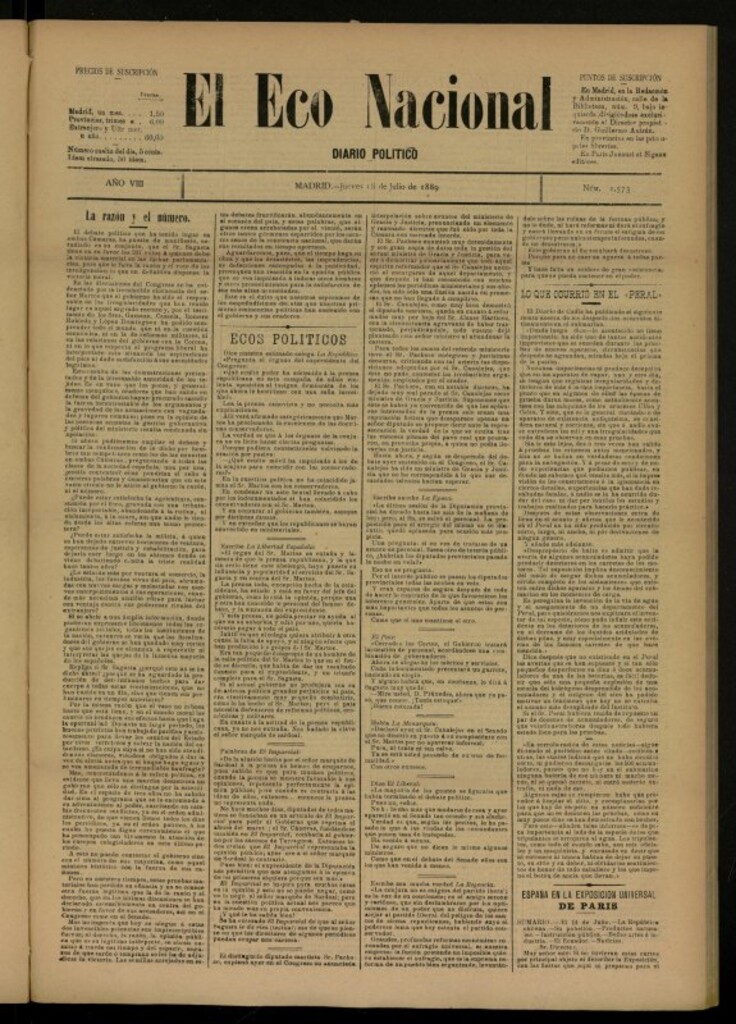 Miniatura de El Eco Nacional de 18 de julio de 1889, nº 2573