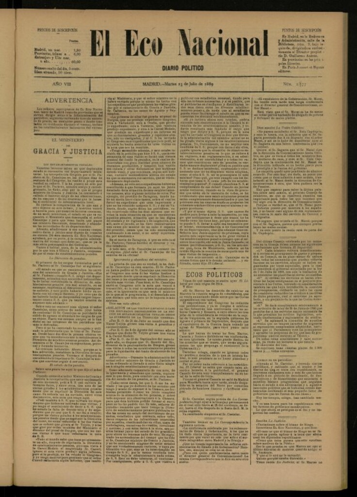 Miniatura de El Eco Nacional de 23 de julio de 1889, nº 2577