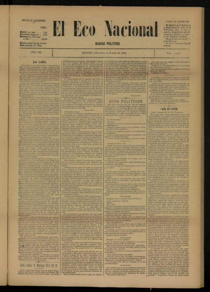 Miniatura de El Eco Nacional de 24 de julio de 1889, nº 2578