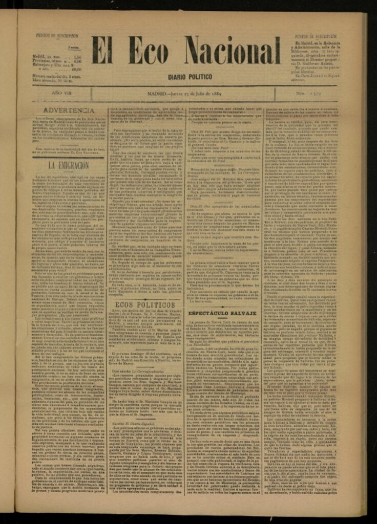 Miniatura de El Eco Nacional de 25 de julio de 1889, nº 2579