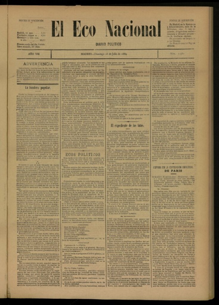 Miniatura de El Eco Nacional de 28 de julio de 1889, nº 2581