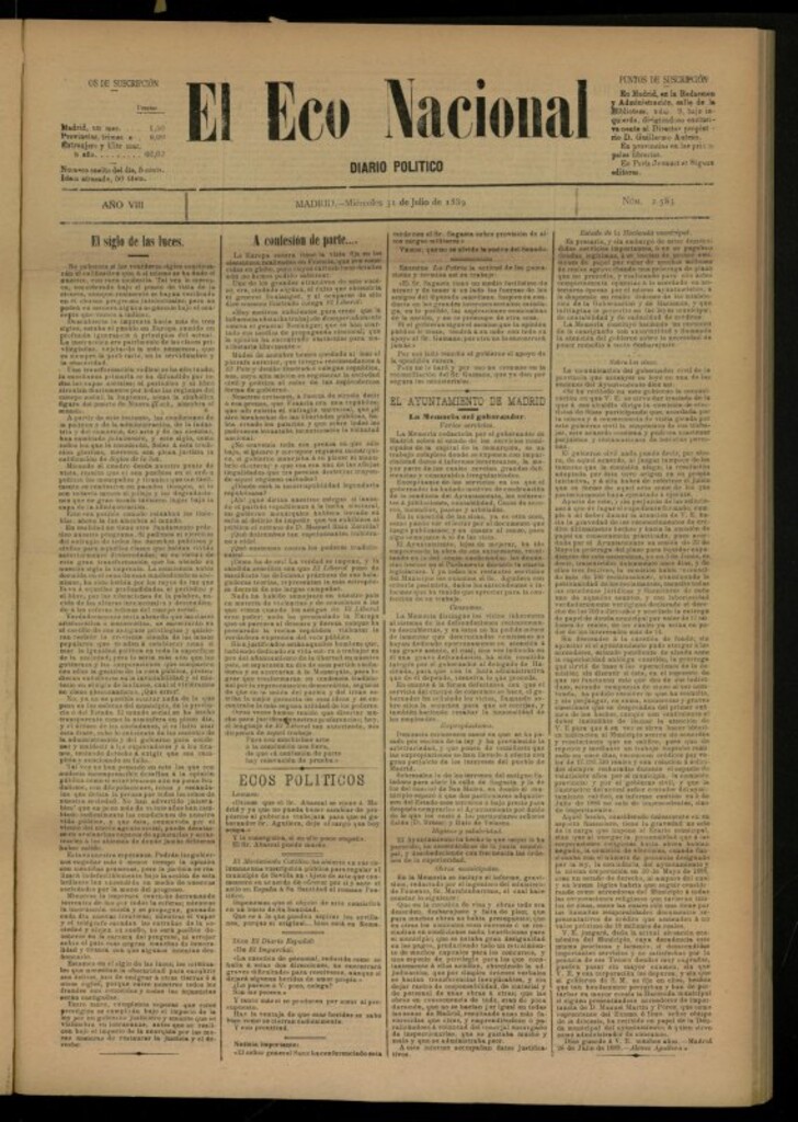 Miniatura de El Eco Nacional de 31 de julio de 1889, nº 2583