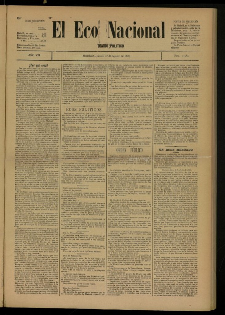 Miniatura de El Eco Nacional de 1 de agosto de 1889, nº 2584
