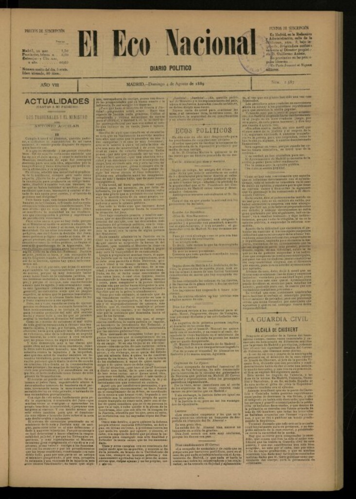 Miniatura de El Eco Nacional de 4 de agosto de 1889, nº 2587