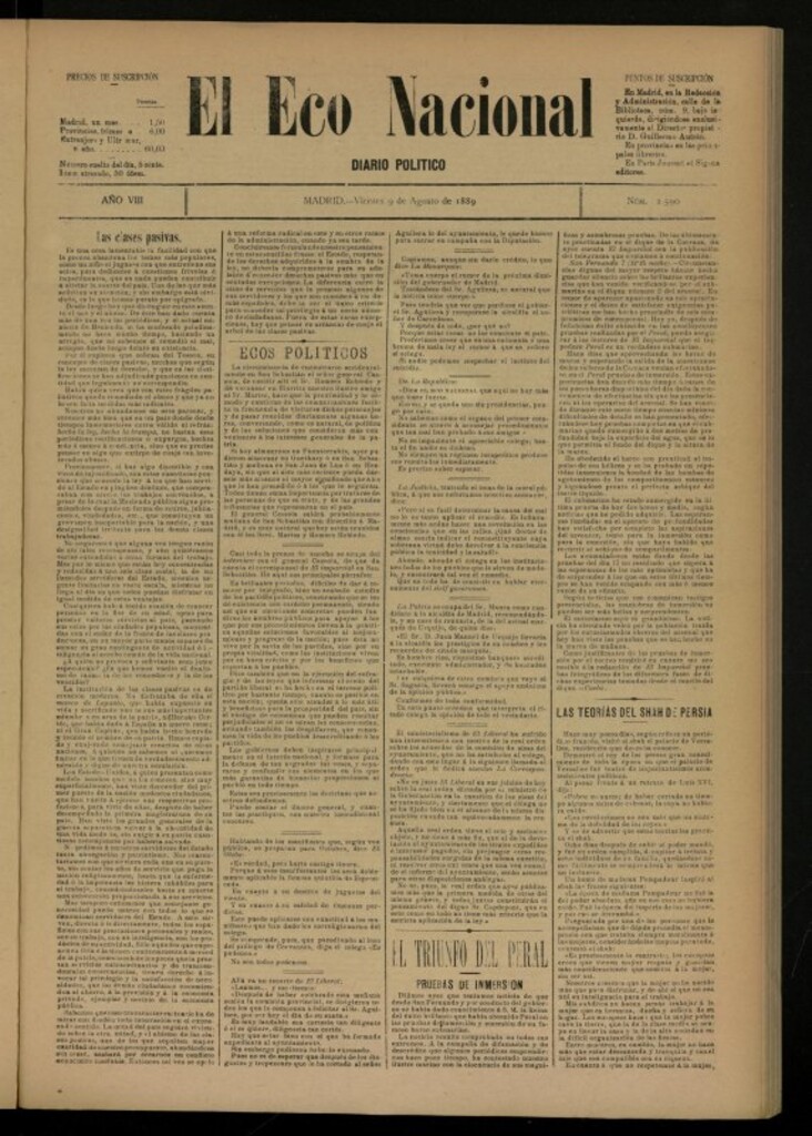 Miniatura de El Eco Nacional de 9 de agosto de 1889, nº 2590