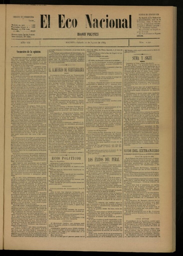 Miniatura de El Eco Nacional de 10 de agosto de 1889, nº 2591