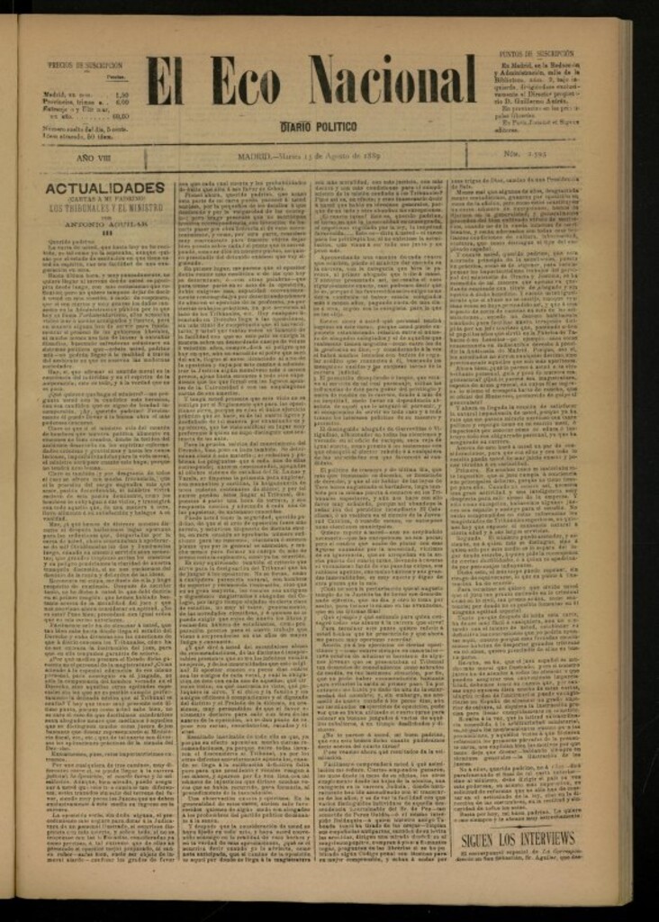 Miniatura de El Eco Nacional de 13 de agosto de 1889, nº 2593