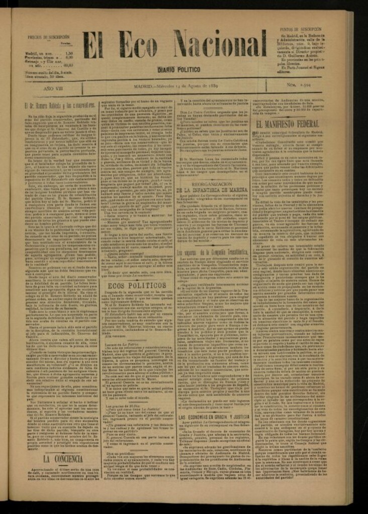 Miniatura de El Eco Nacional de 14 de agosto de 1889, nº 2594