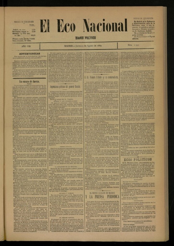 Miniatura de El Eco Nacional de 15 de agosto de 1889, nº 2595