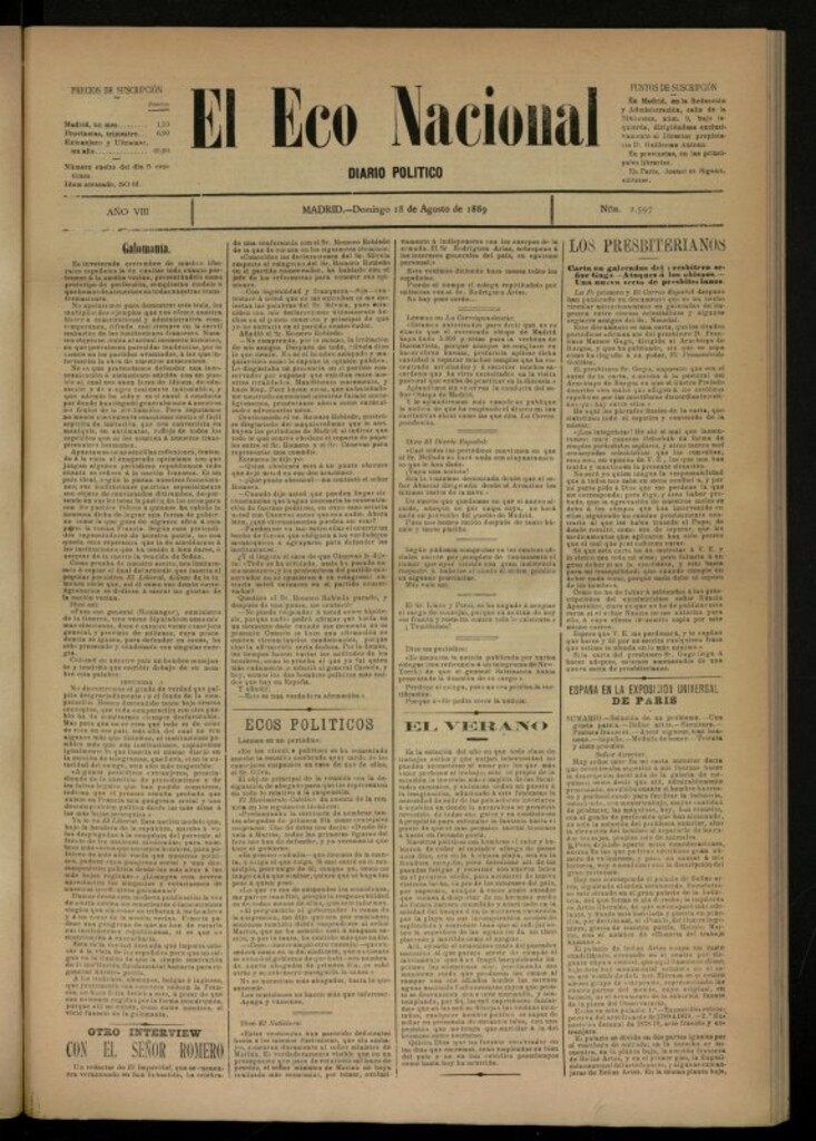 Miniatura de El Eco Nacional de 18 de agosto de 1889, nº 2597