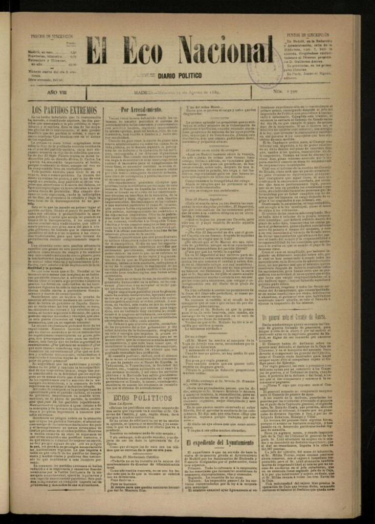 Miniatura de El Eco Nacional de 21 de agosto de 1889, nº 2599