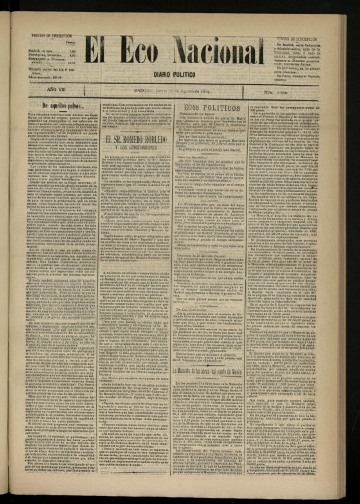 Miniatura de El Eco Nacional de 22 de agosto de 1889, nº 2600
