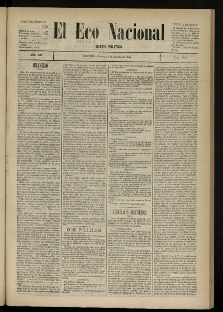 Miniatura de El Eco Nacional de 23 de agosto de 1889, nº 2601
