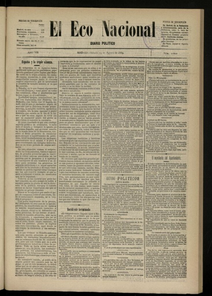 Miniatura de El Eco Nacional de 24 de agosto de 1889, nº 2602