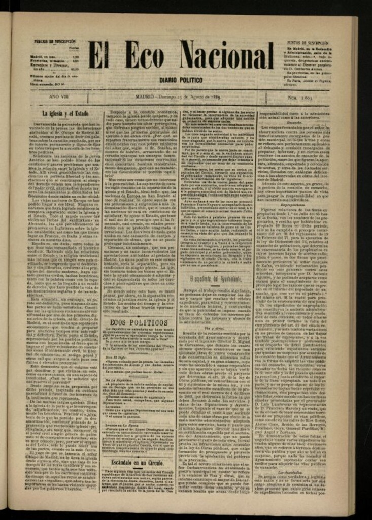 Miniatura de El Eco Nacional de 25 de agosto de 1889, nº 2603