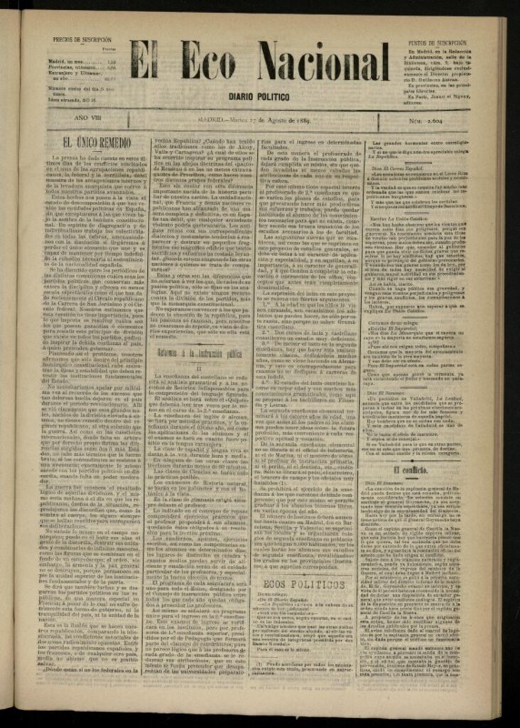 Miniatura de El Eco Nacional de 27 de agosto de 1889, nº 2604