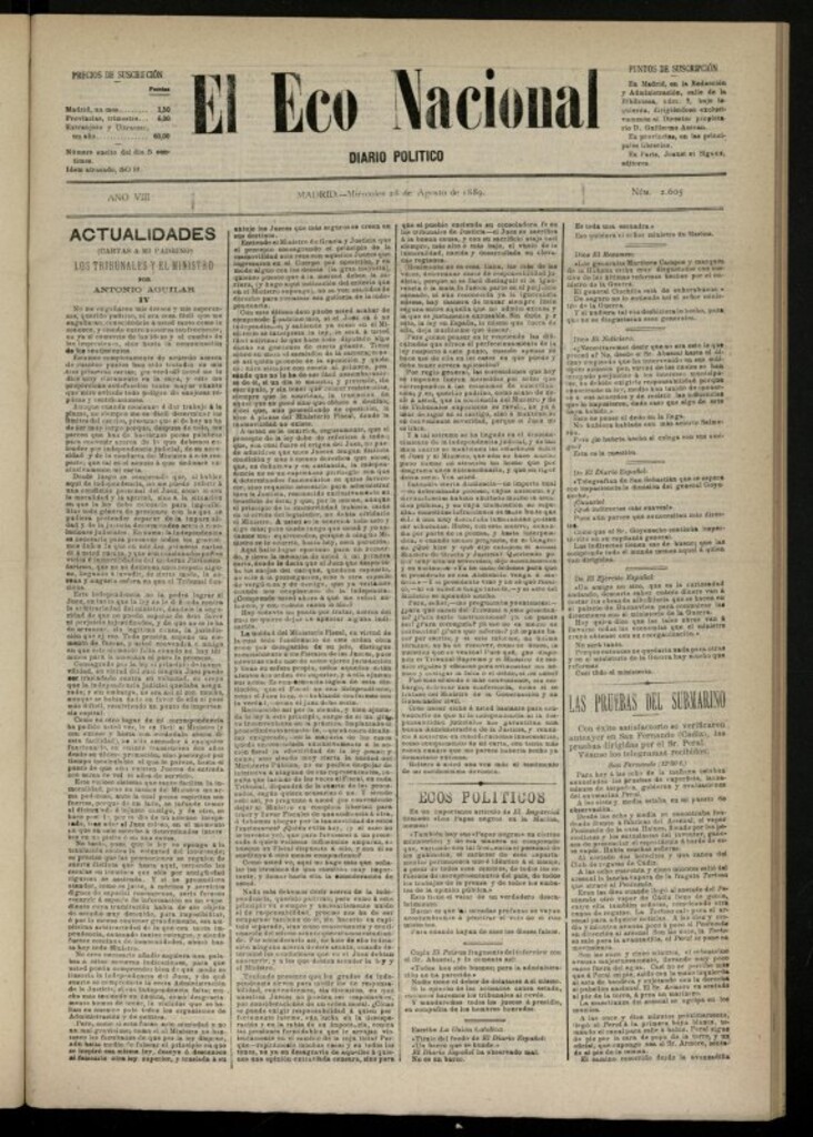 Miniatura de El Eco Nacional de 28 de agosto de 1889, nº 2605