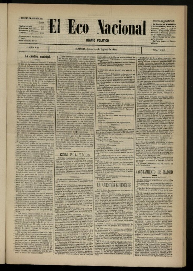 Miniatura de El Eco Nacional de 29 de agosto de 1889, nº 2606