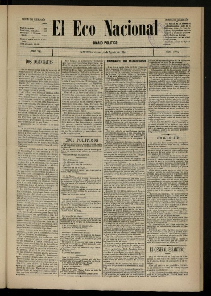 Miniatura de El Eco Nacional de 30 de agosto de 1889, nº 2607