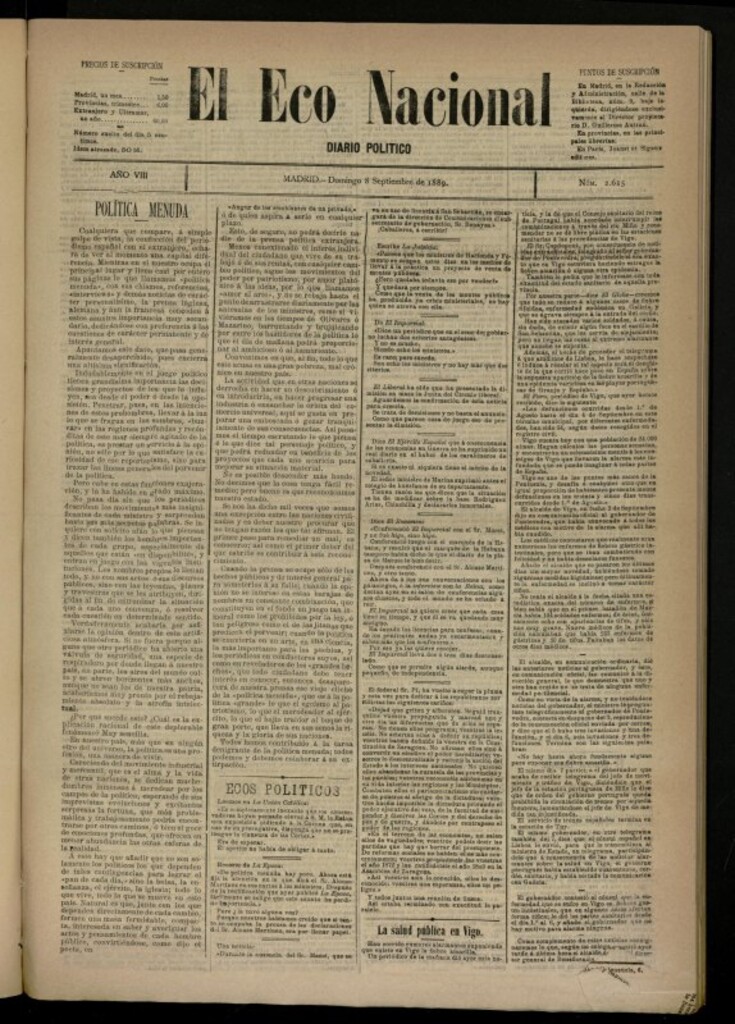 Miniatura de El Eco Nacional de 8 de septiembre de 1889, nº 2615