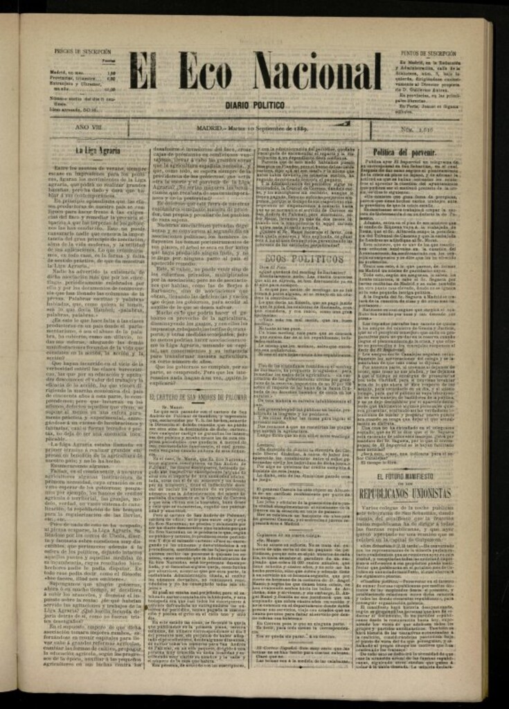 Miniatura de El Eco Nacional de 10 de septiembre de 1889, nº 2616