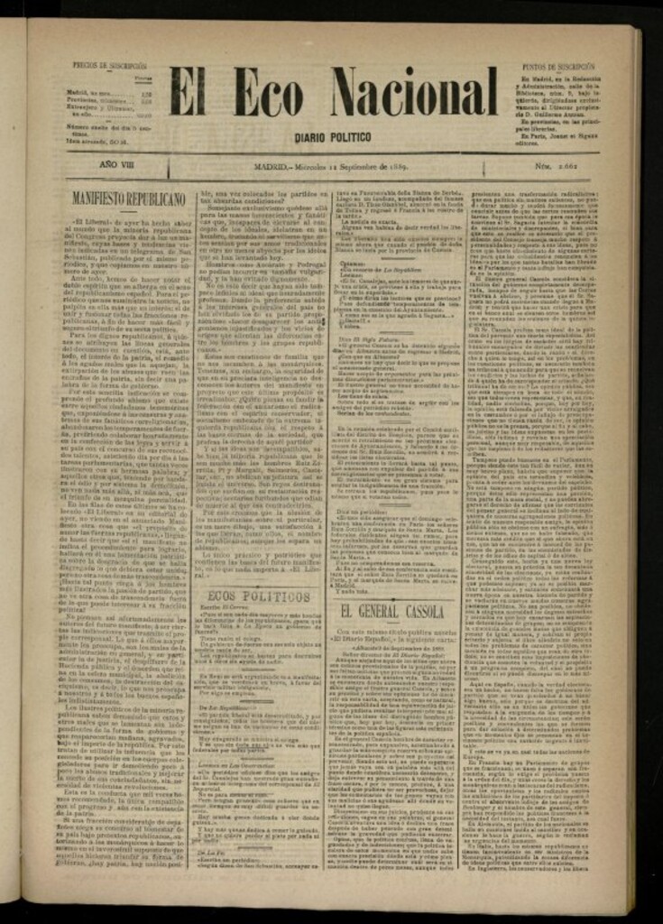 Miniatura de El Eco Nacional de 11 de septiembre de 1889, nº 2662 [sic]