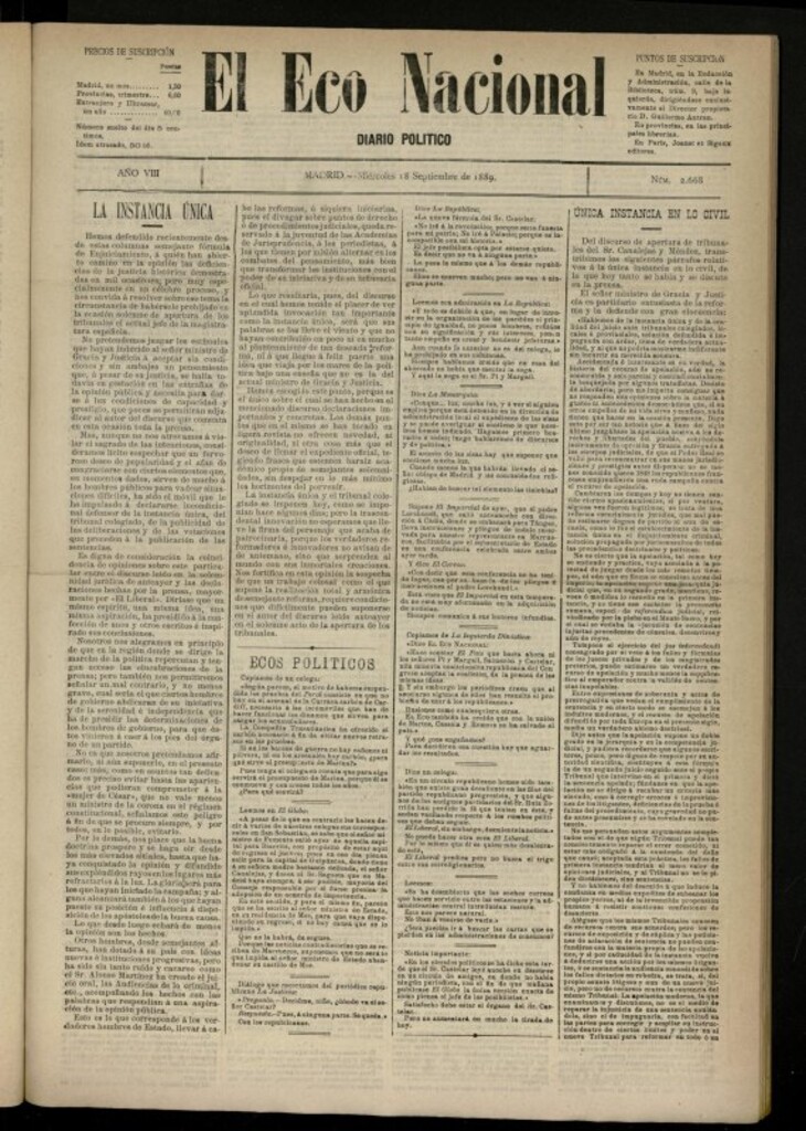 Miniatura de El Eco Nacional de 18 de septiembre de 1889, nº 2668