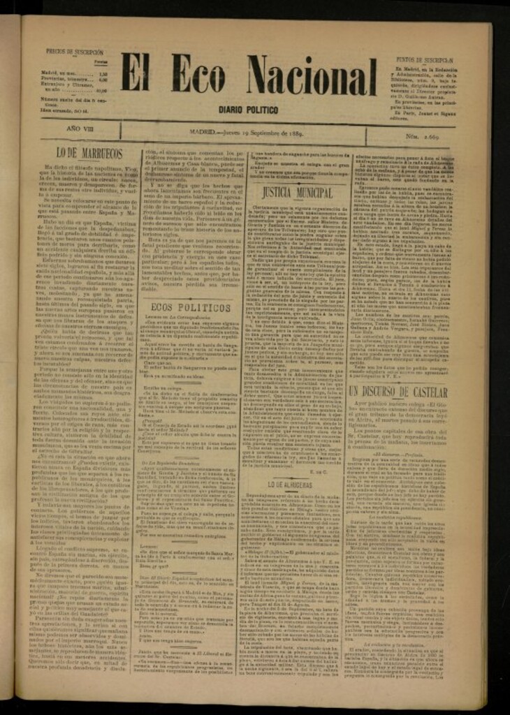 Miniatura de El Eco Nacional de 19 de septiembre de 1889, nº 2669