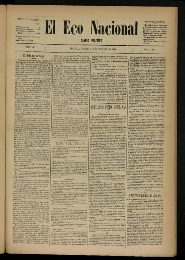 Miniatura de El Eco Nacional de 22 de septiembre de 1889, nº 2672