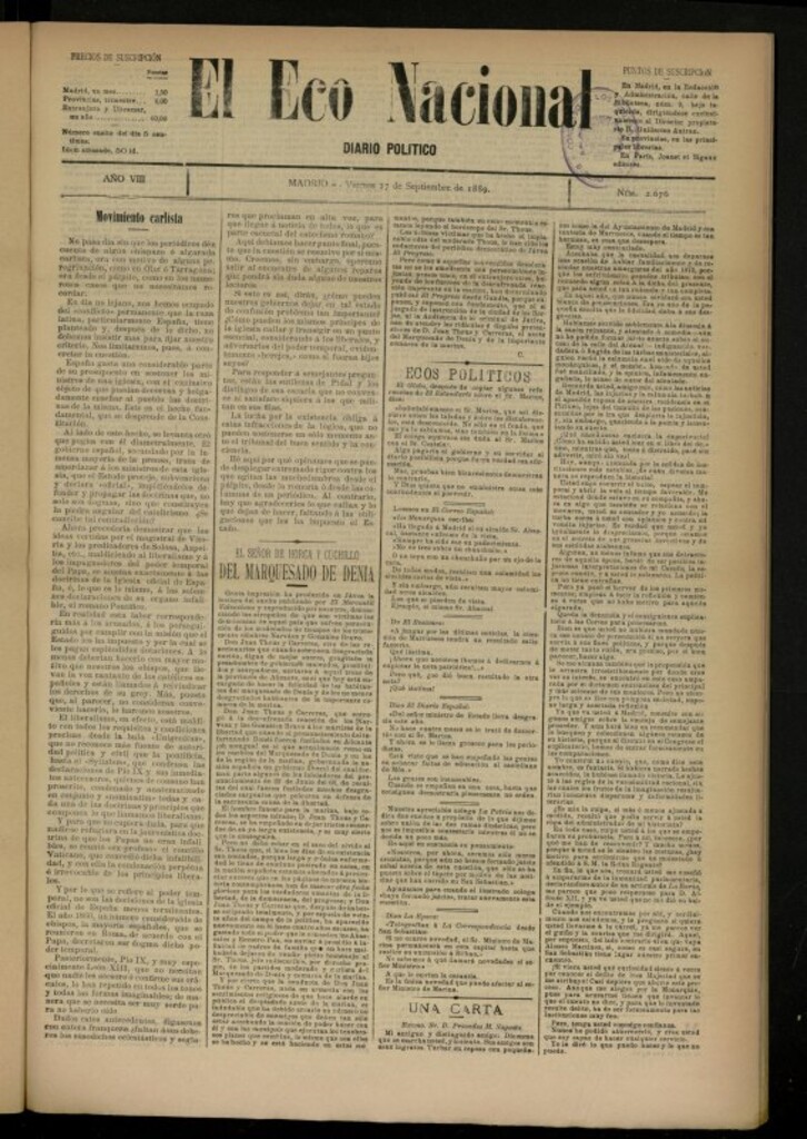Miniatura de El Eco Nacional de 27 de septiembre de 1889, nº 2676