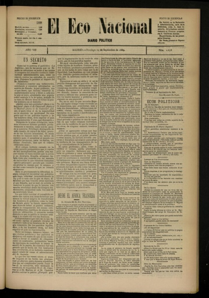 Miniatura de El Eco Nacional de 29 de septiembre de 1889, nº 2678