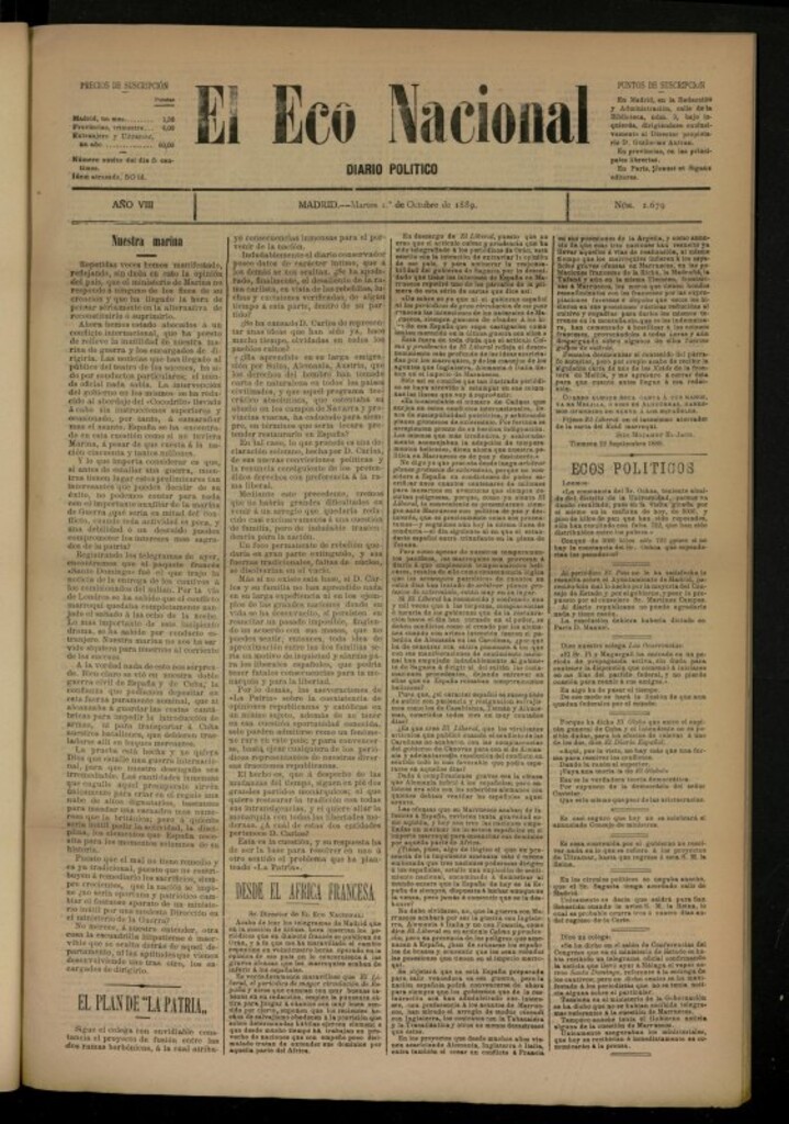 Miniatura de El Eco Nacional de 1 de octubre de 1889, nº 2679