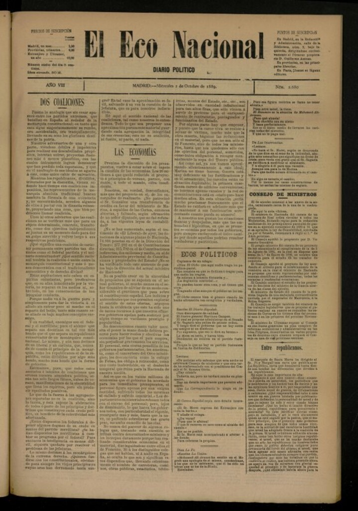Miniatura de El Eco Nacional de 2 de octubre de 1889, nº 2680
