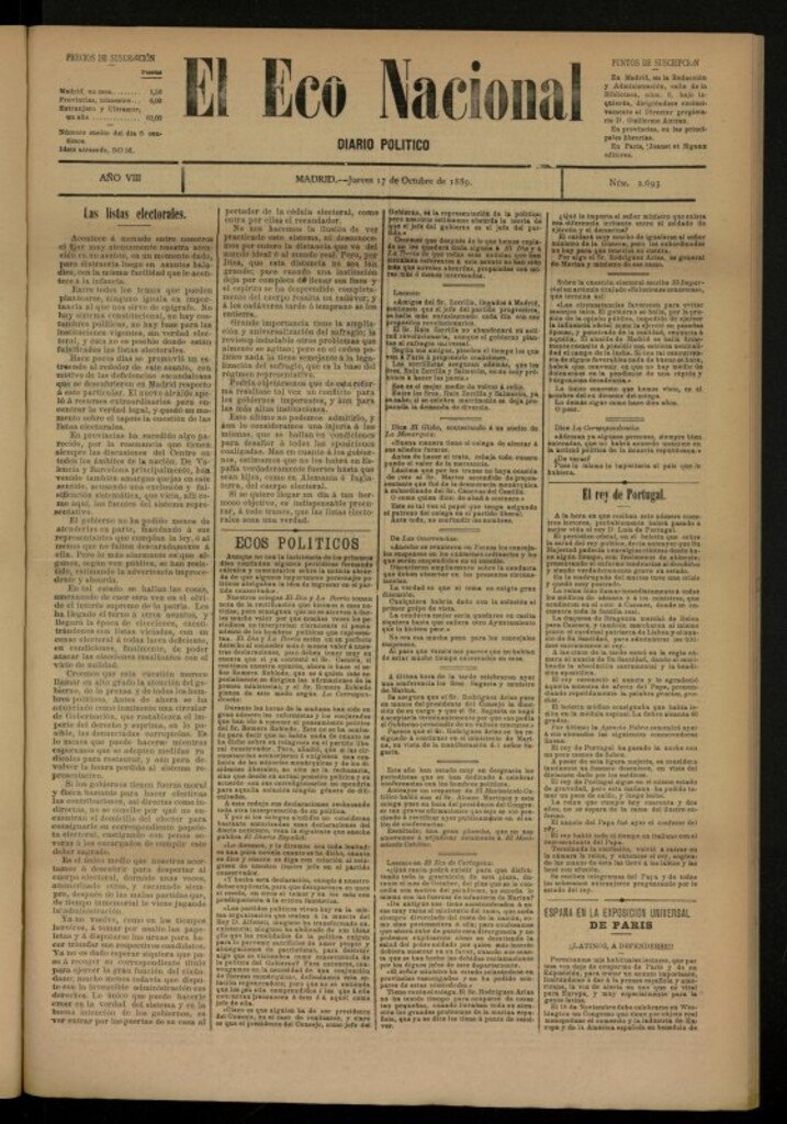 Miniatura de El Eco Nacional de 17 de octubre de 1889, nº 2693