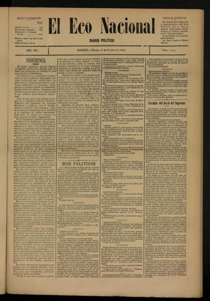 Miniatura de El Eco Nacional de 18 de octubre de 1889, nº 2694