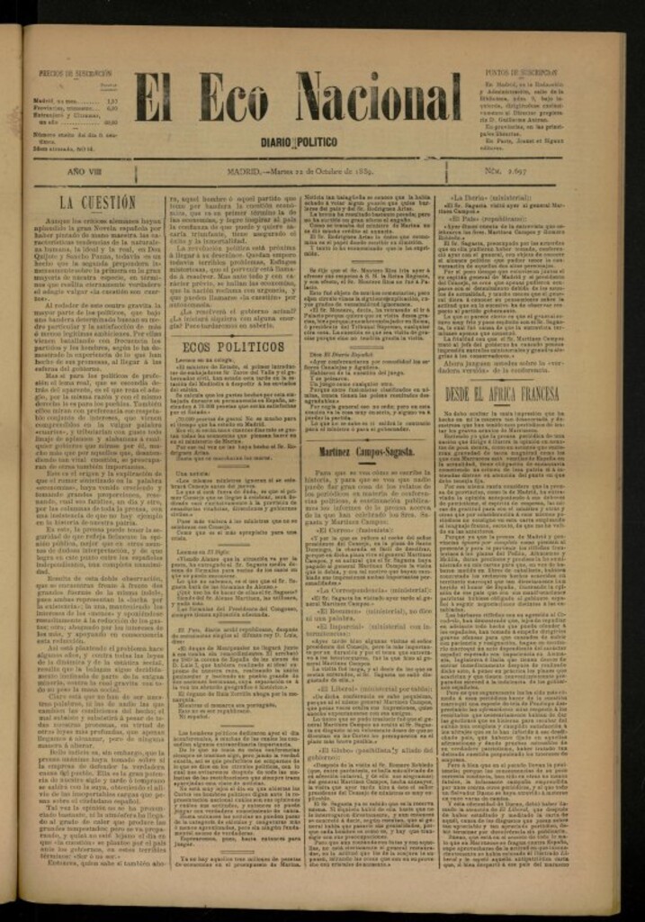Miniatura de El Eco Nacional de 22 de octubre de 1889, nº 2697